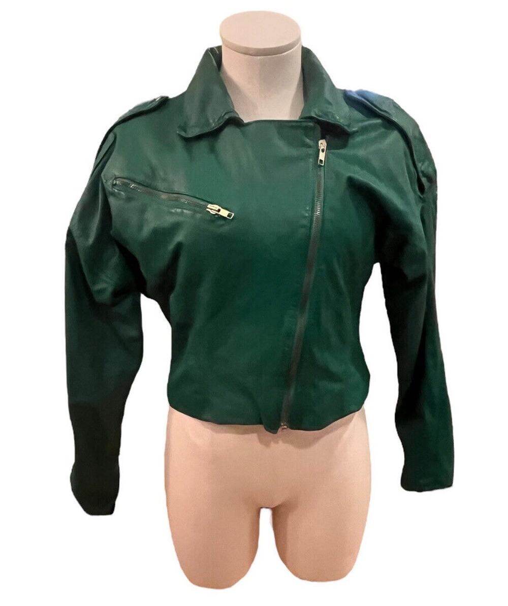 Women's 1980's AVON FASHIONS Kelly Green Leather Jacket Size 11/12. Biker Moto